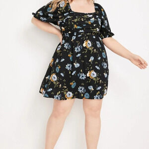 NWOT Maurices Black Floral Pleated Puff Sleeve Mini Dress in Size 3X